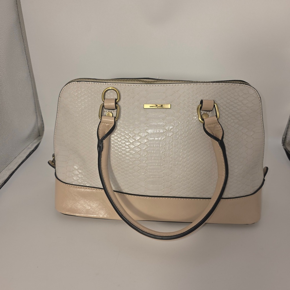 Simply Noelle Cream Snakeskin Embossed Tan Dome Satchel Handbag Gold Hardware